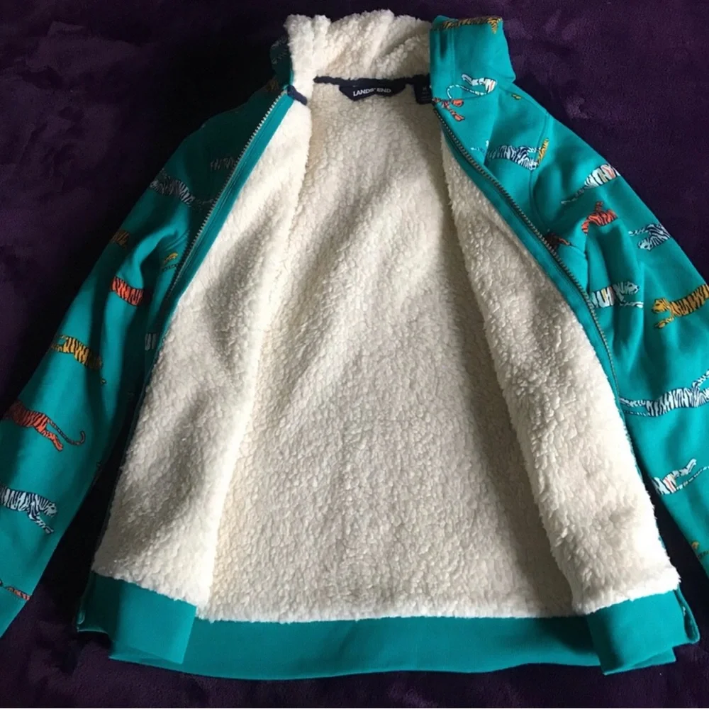 Lands End NWOT Kids Teal Tiger-Print Zip Hoodie Size 10/12